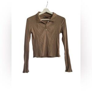 Zara Ribbed Polo Top Taupe Brown Office Siren Indie Sleaze Y2K Slim Fit Size M